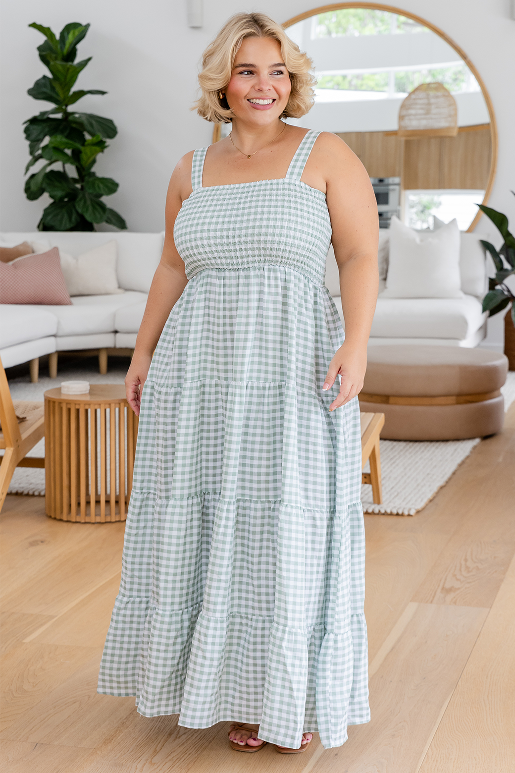 April Maxi Dress Sage Gingham Orange Sherbet Orange Sherbet