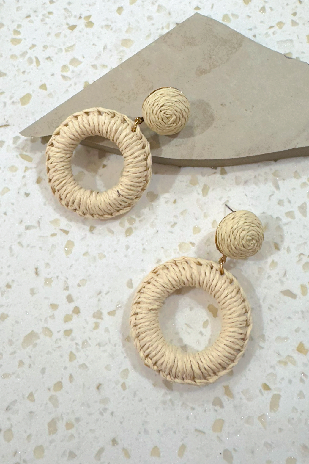 Cream Natural Weave Circle Drop Earrings