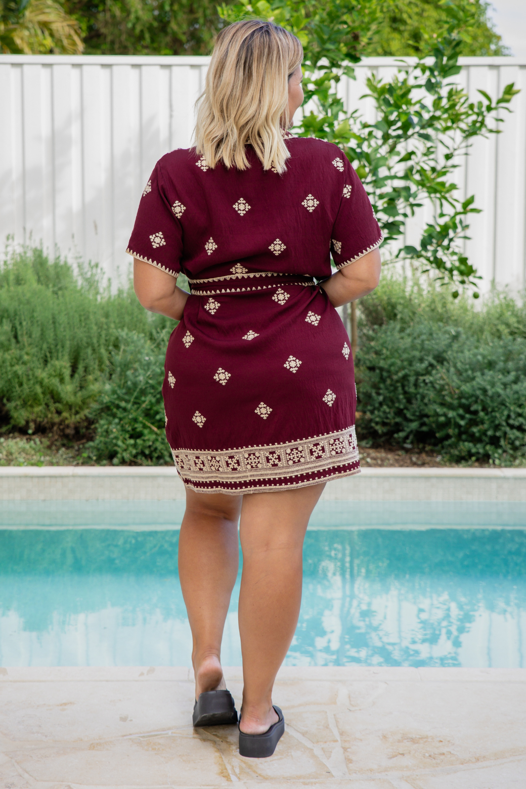 Lucca Embroidered Shirt Dress Burgundy