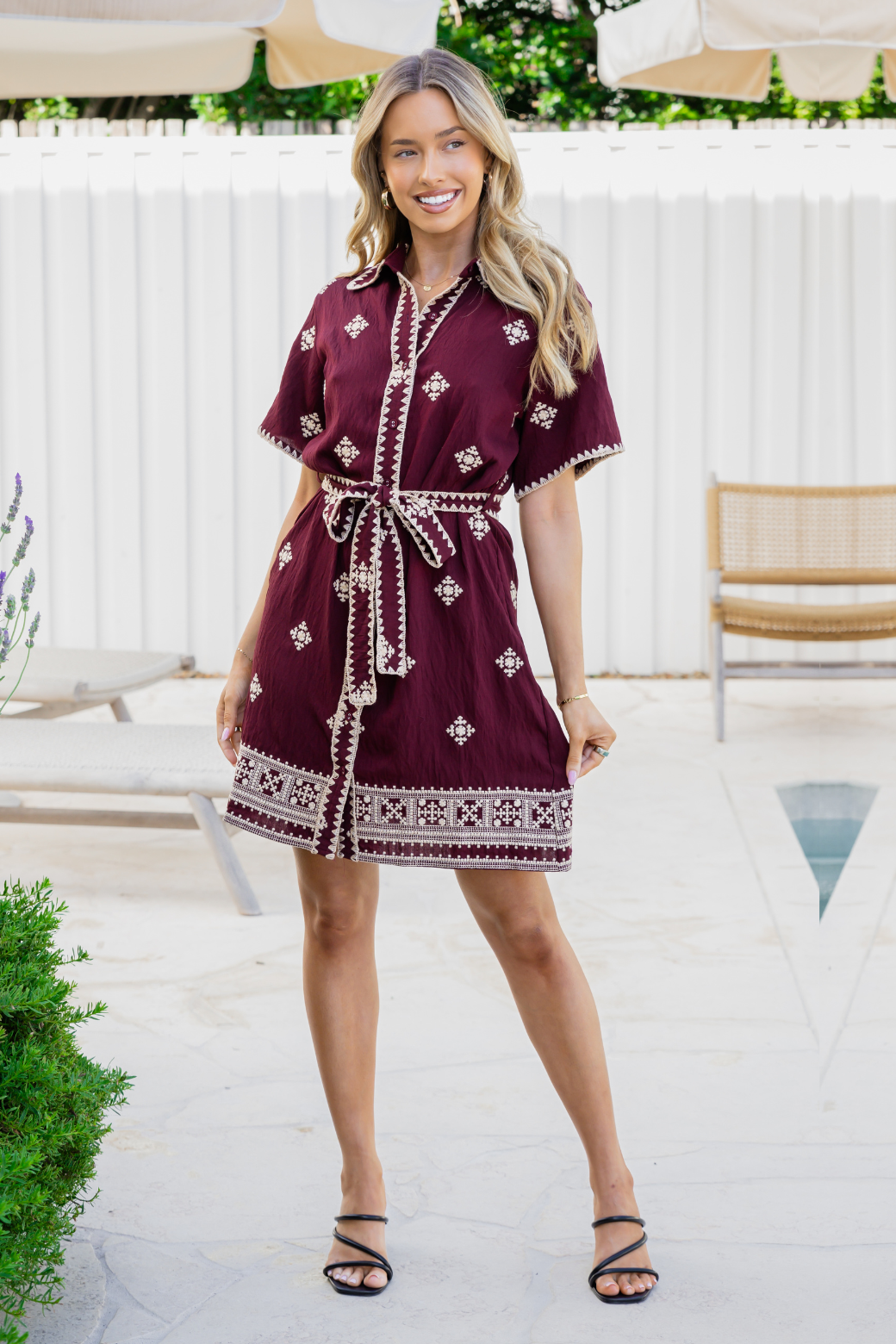 Lucca Embroidered Shirt Dress Burgundy