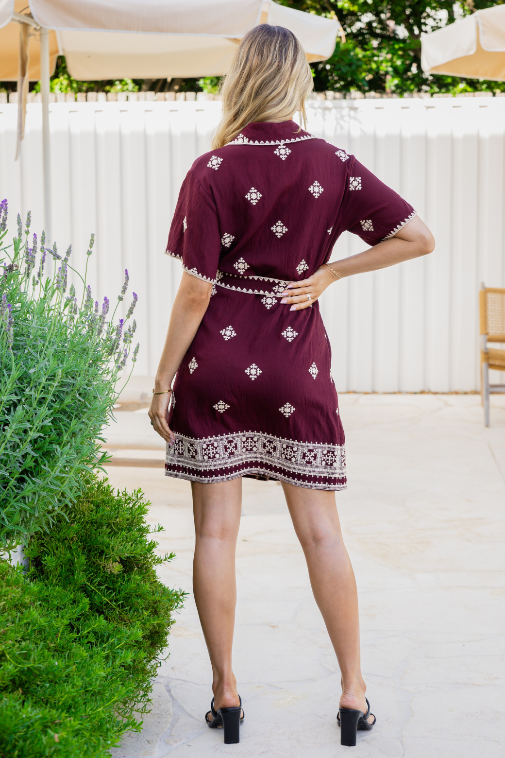 Lucca Embroidered Shirt Dress Burgundy