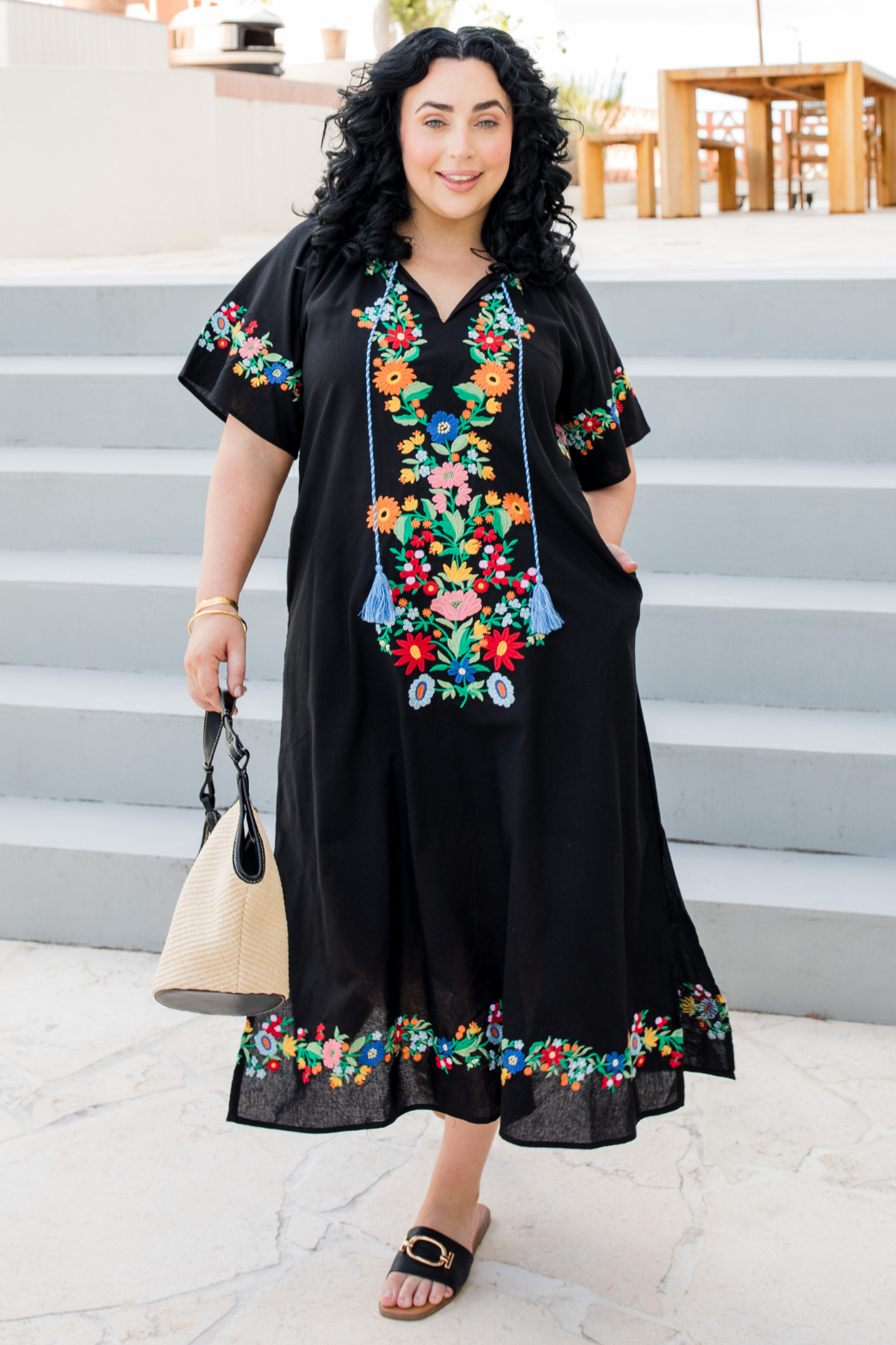 sachin and babi light blue dress F&F Embroidered Midi Dress with Linen in Black
