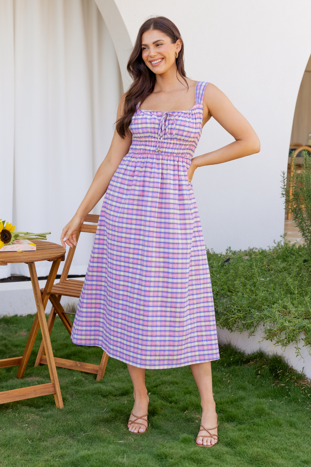 Montana Bustier Midi Dress Pink Plaid Orange Sherbet