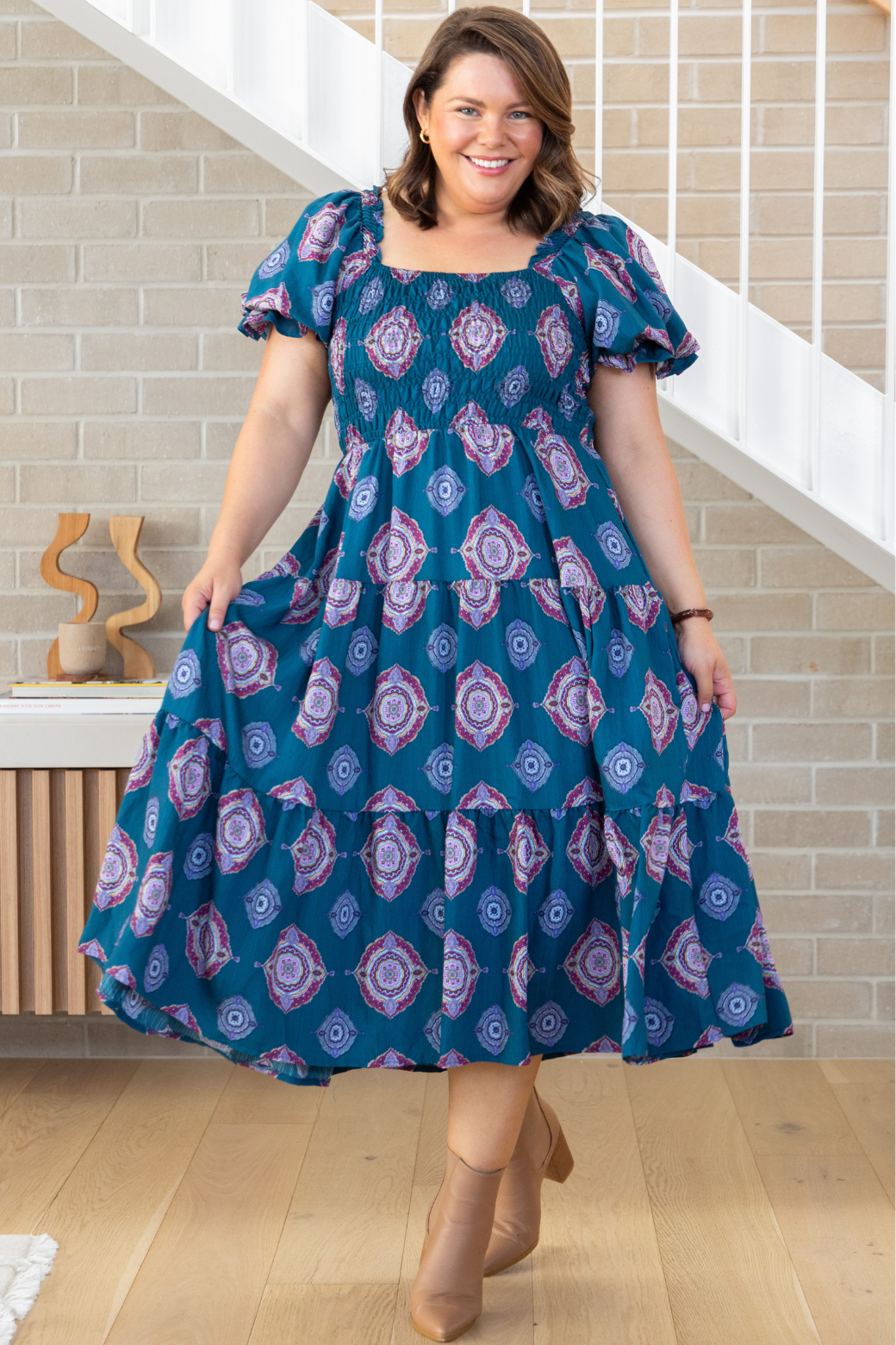 Shiloh Midi Dress Zara Print Teal – Orange Sherbet Boutique