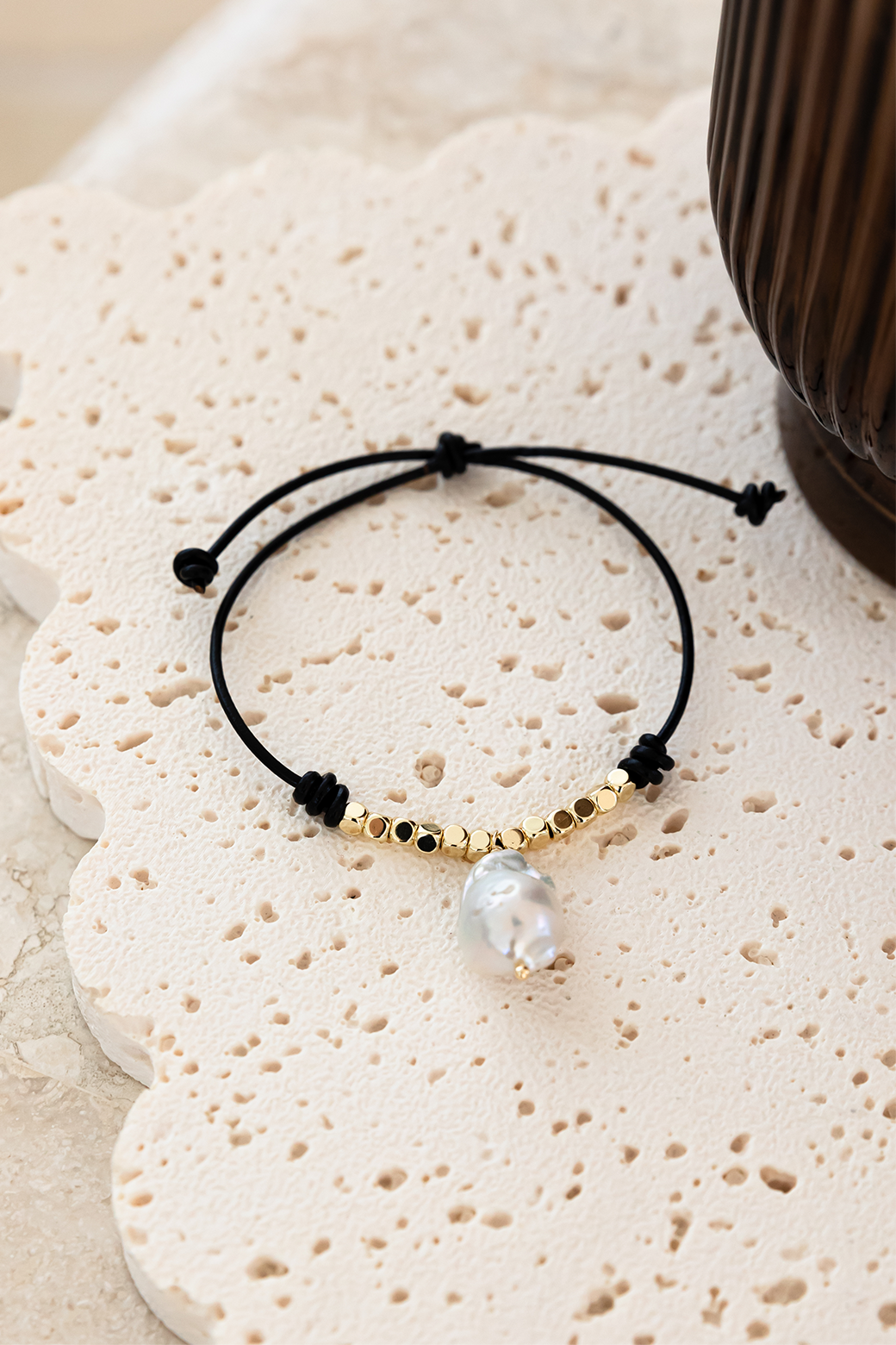 Adorne Pearl Drop Adjustable Bracelet Black