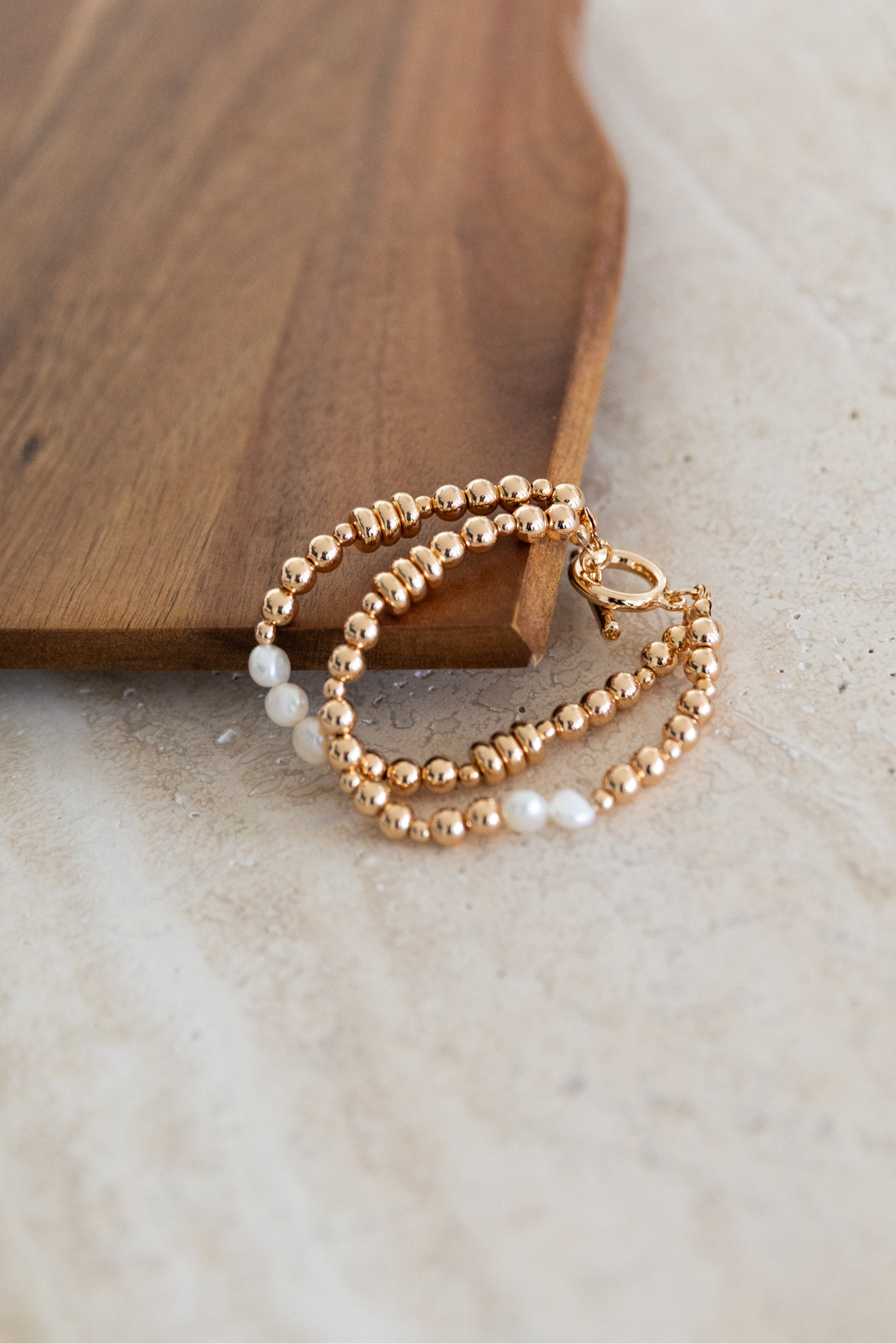 Orange Sherbet Pearl and Bead Double Strand Bracelet Gold