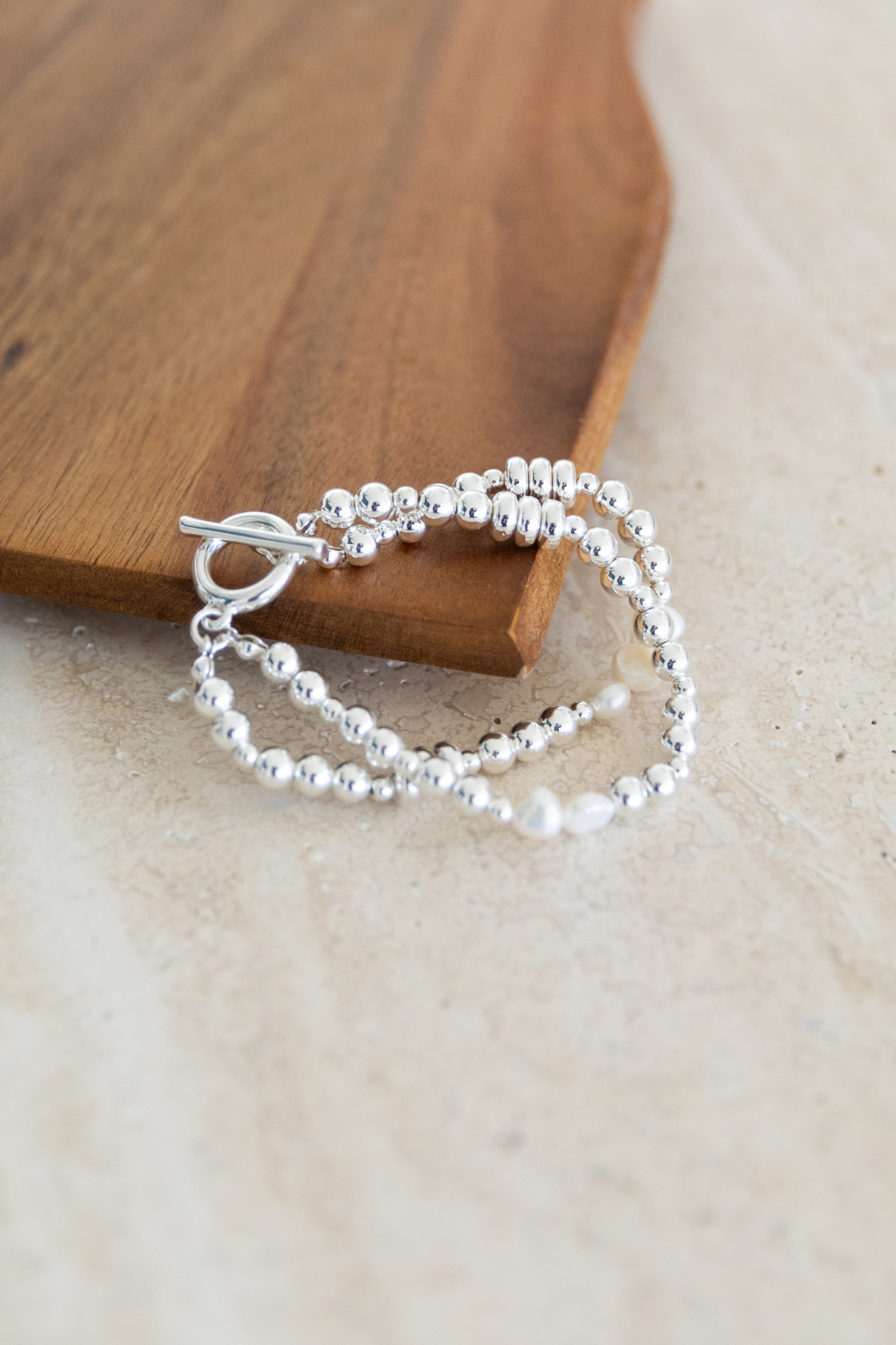 Orange Sherbet Pearl and Bead Double Strand Bracelet Silver