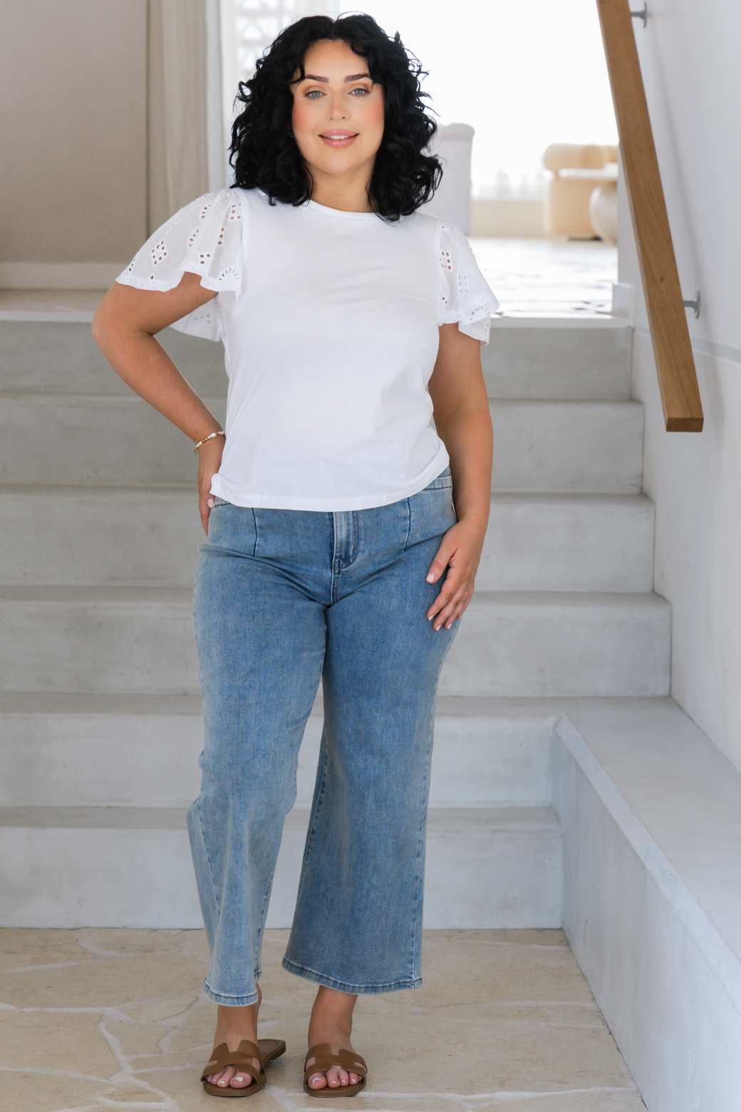 Elle Broderie Sleeve Tshirt White
