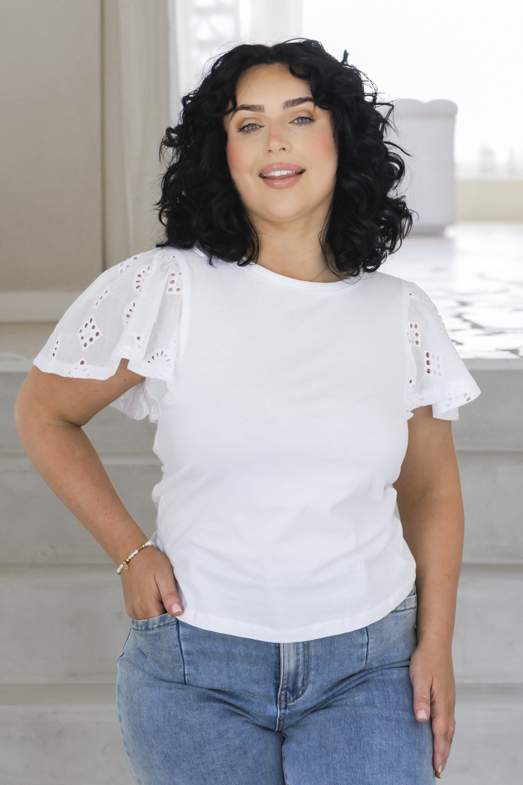 Elle Broderie Sleeve Tshirt White