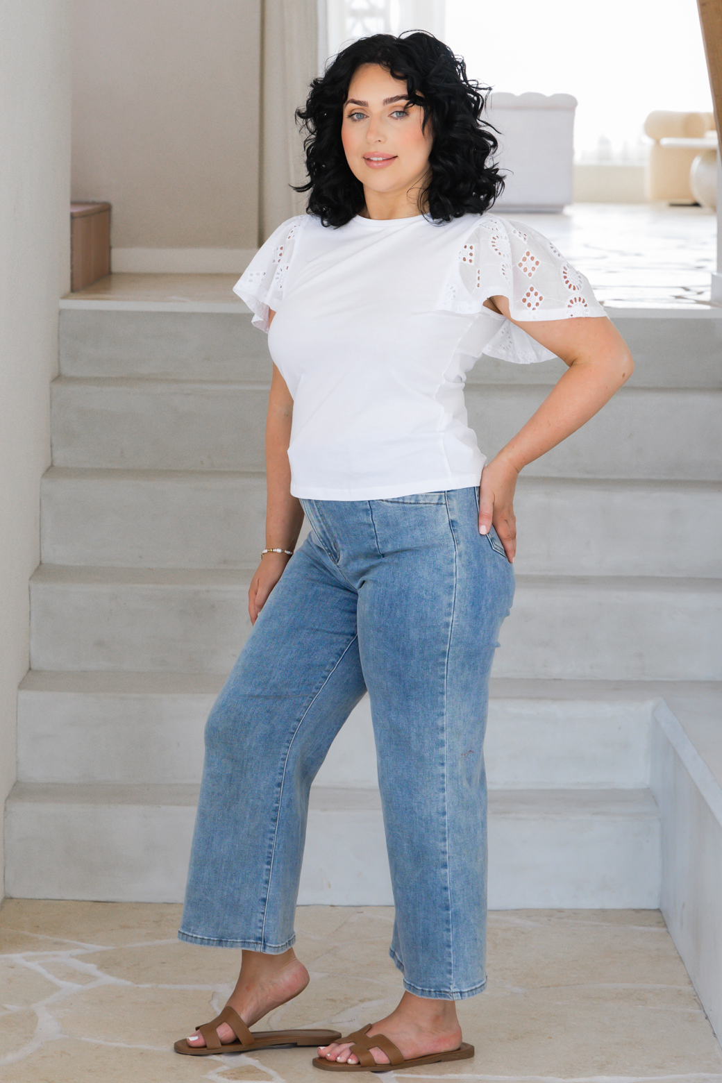 Elle Broderie Sleeve Tshirt White