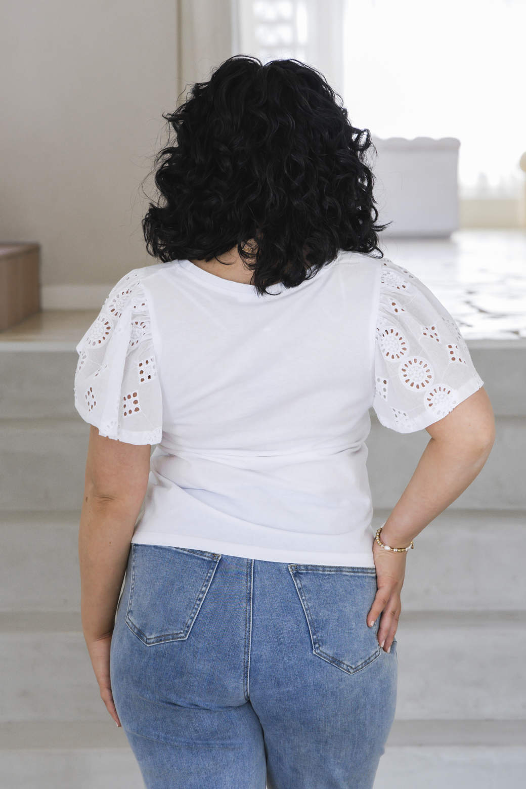 Elle Broderie Sleeve Tshirt White