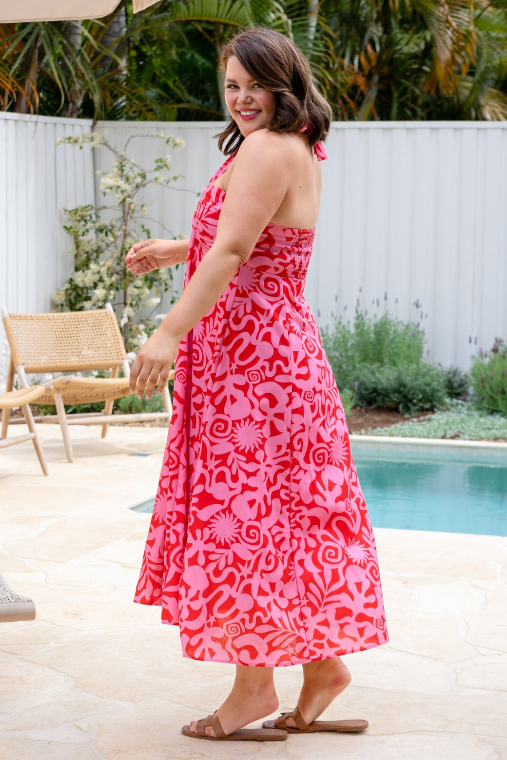 Aphrodite Halter Maxi Dress Solstice Print Red Pink
