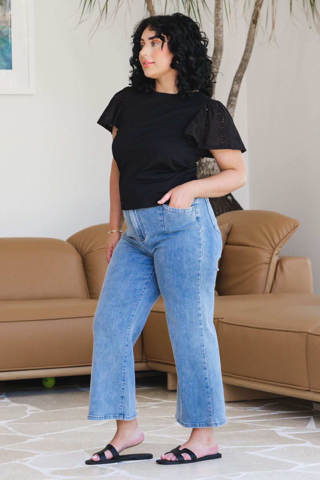 Elle Broderie Sleeve Tshirt Black