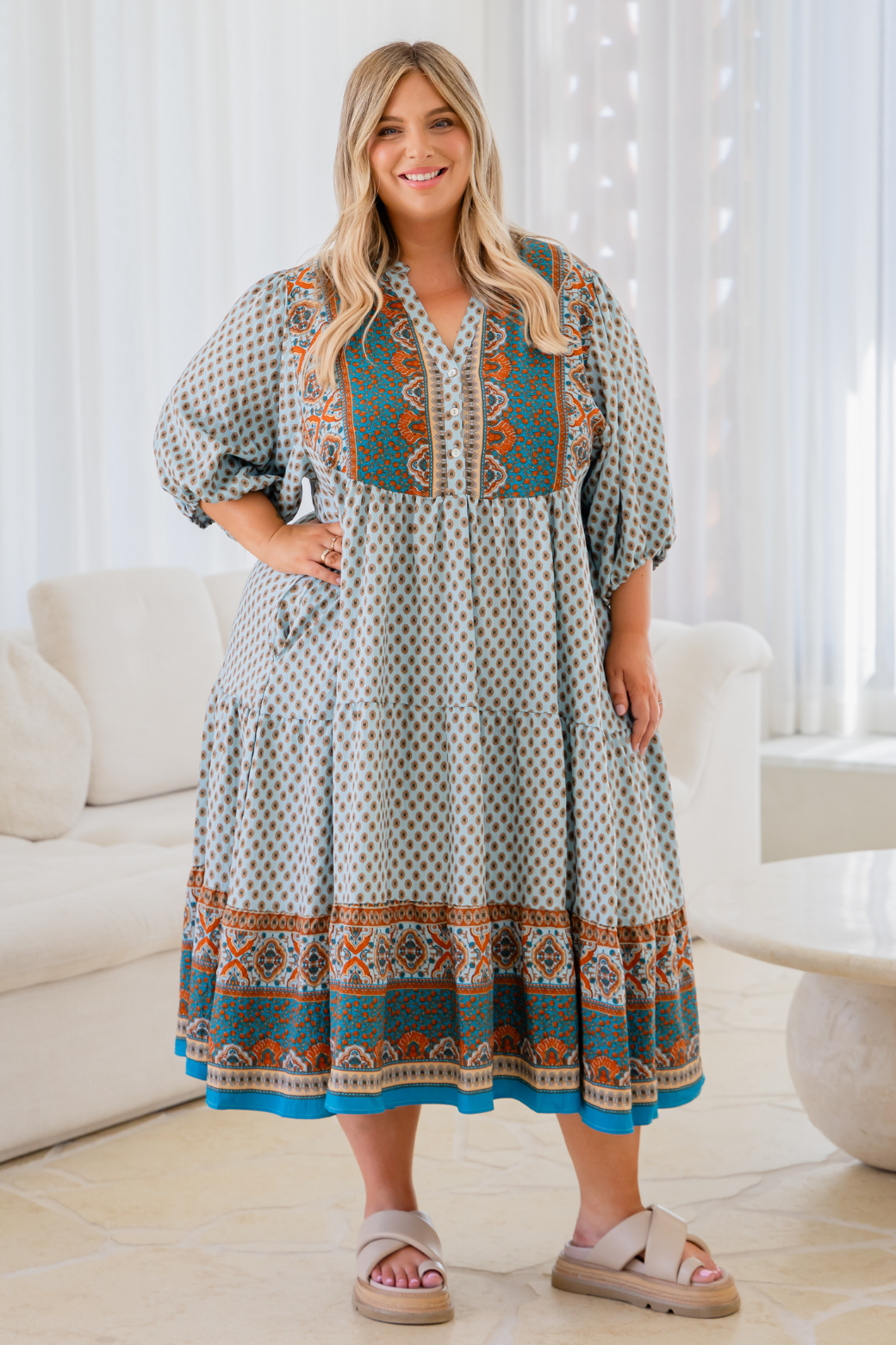 Louisa Midi Dress Lily Print Teal