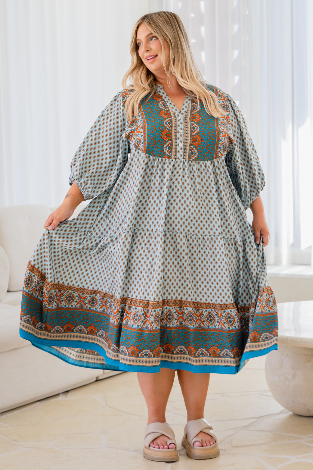 Louisa Midi Dress Lily Print Teal