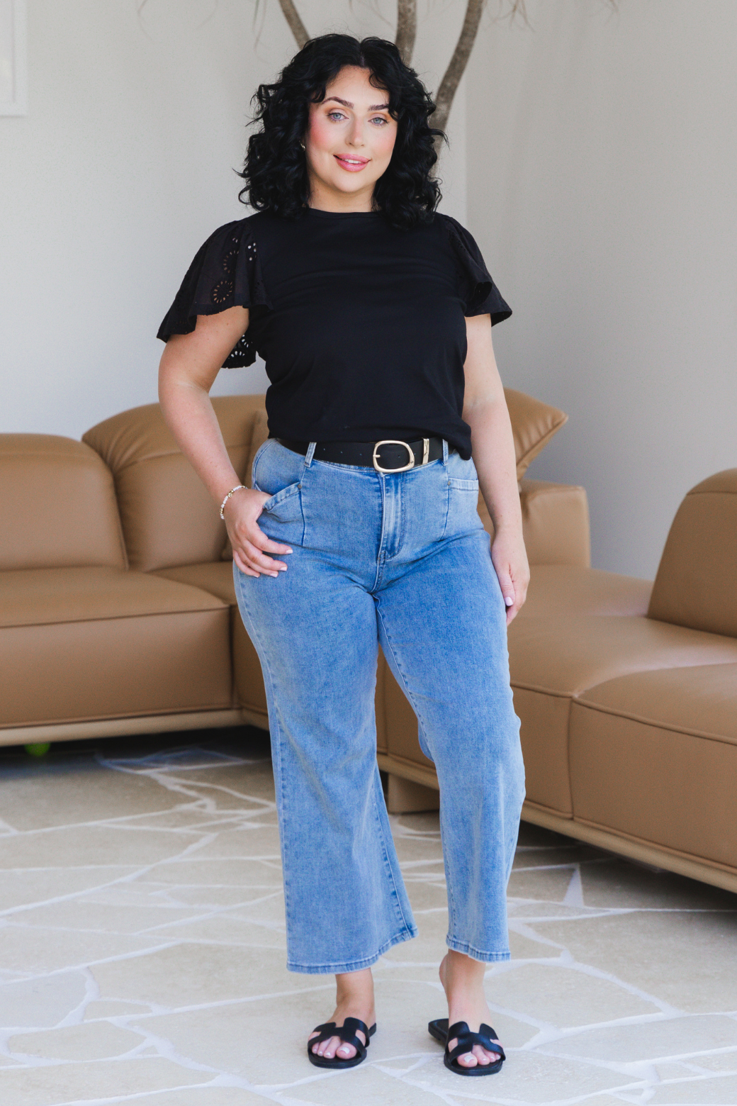 Elle Broderie Sleeve Tshirt Black