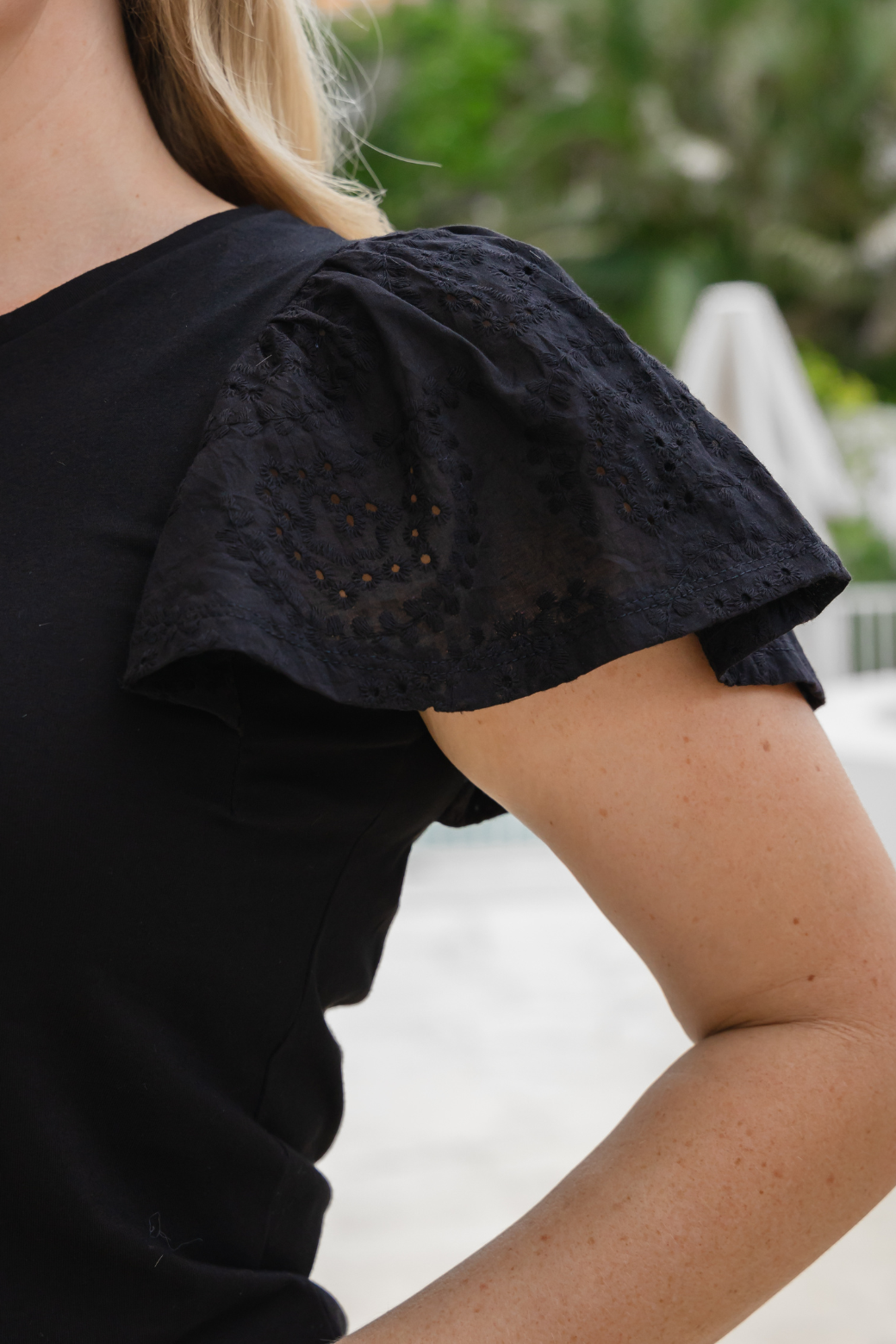 Arlene Broderie Sleeve Tshirt Black