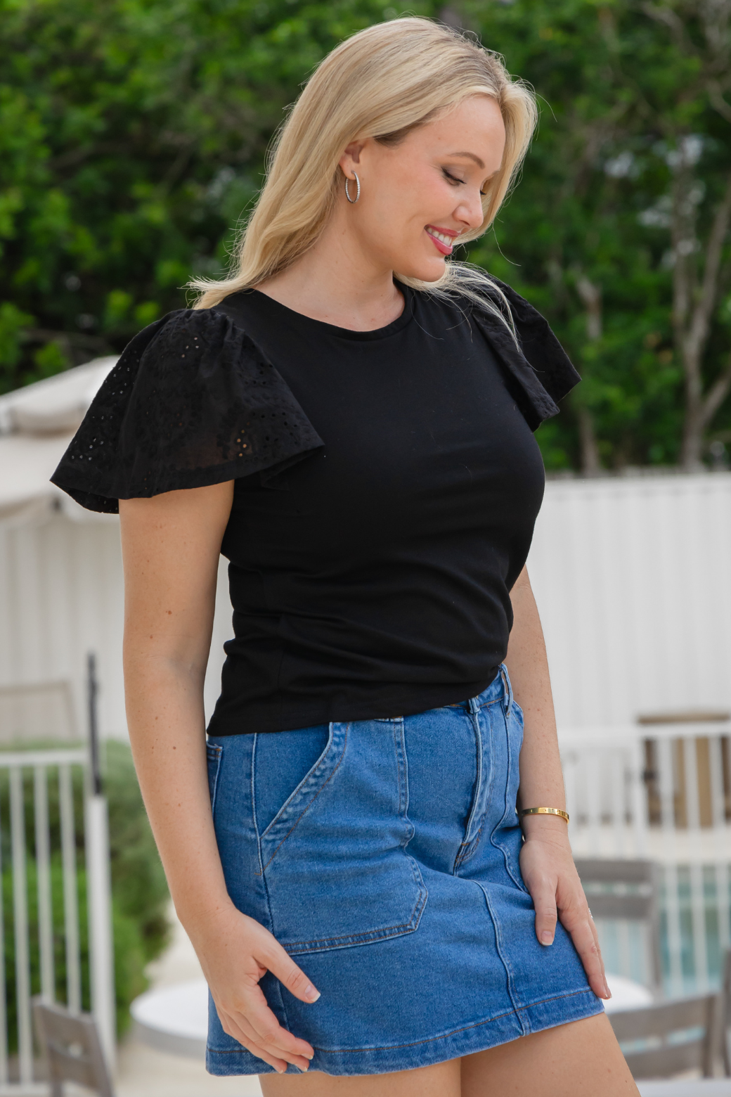 Arlene Broderie Sleeve Tshirt Black