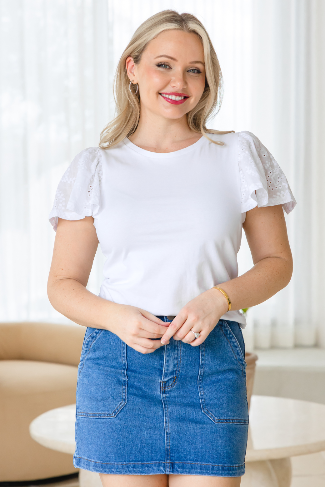 Arlene Broderie Sleeve Tshirt White