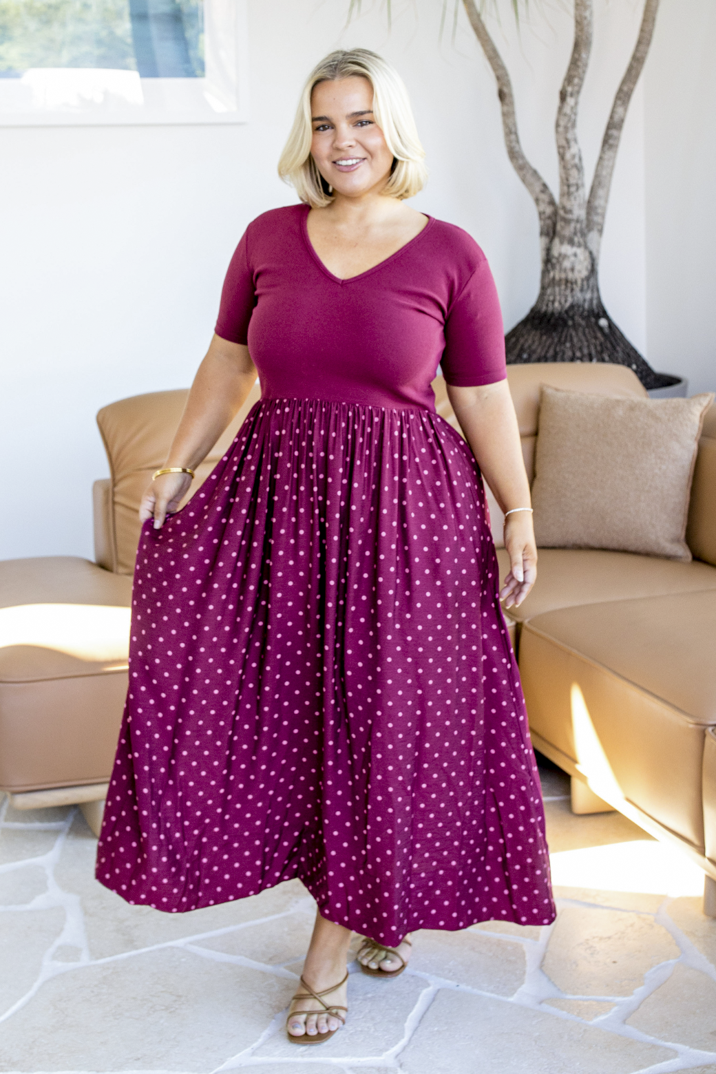 Alicia V Neck Tshirt Midi Dress Burgundy Mini Spot