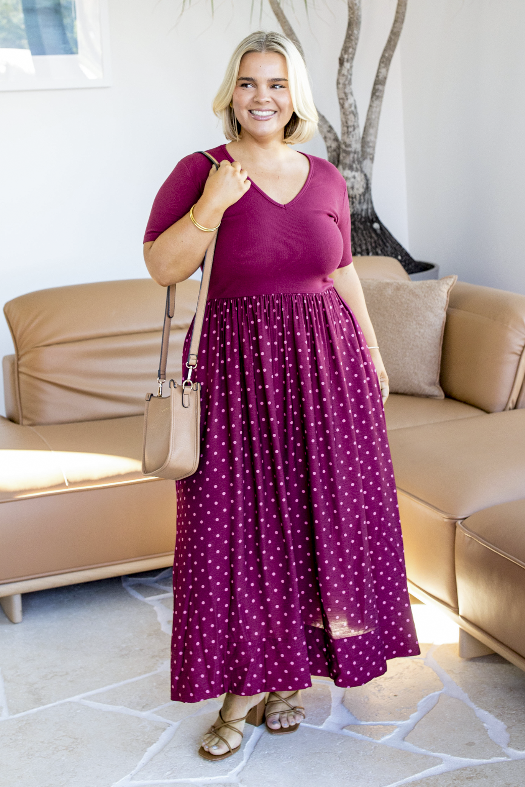 Alicia V Neck Tshirt Midi Dress Burgundy Mini Spot