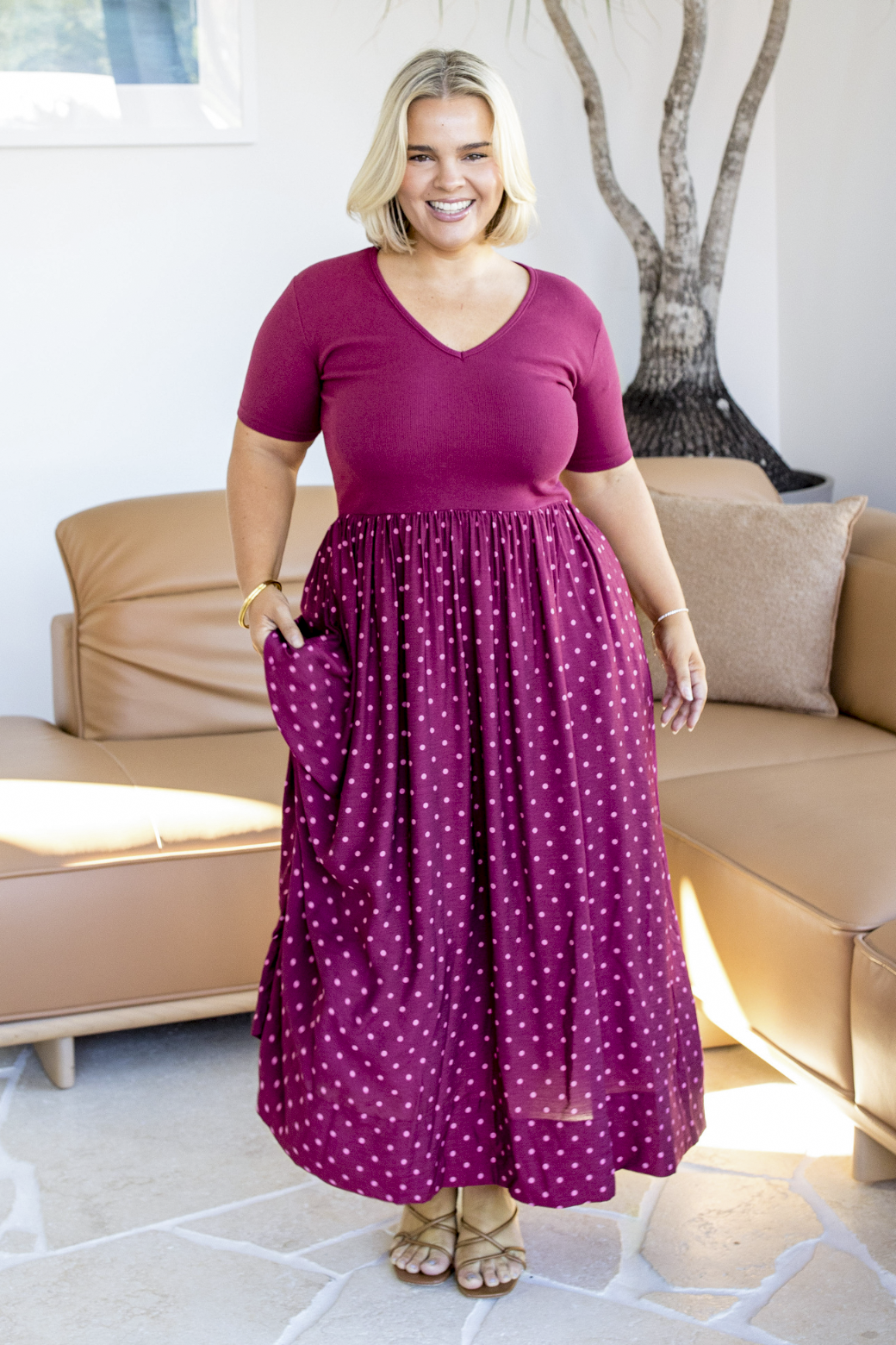 Alicia V Neck Tshirt Midi Dress Burgundy Mini Spot