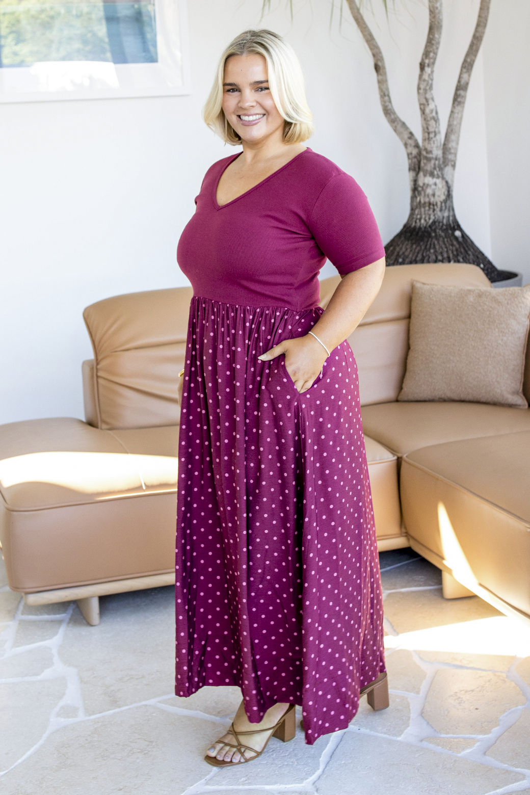 Alicia V Neck Tshirt Midi Dress Burgundy Mini Spot