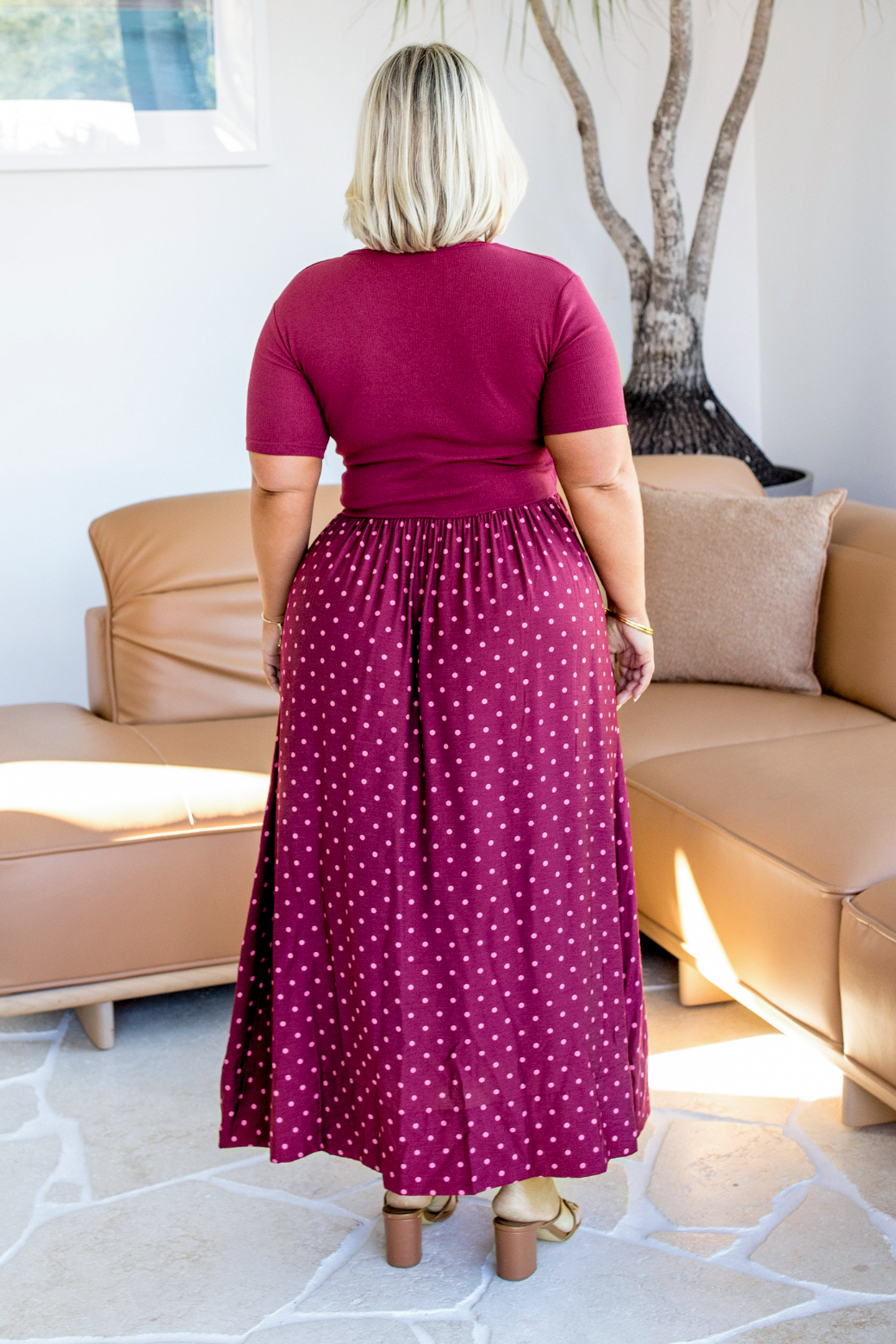 Alicia V Neck Tshirt Midi Dress Burgundy Mini Spot