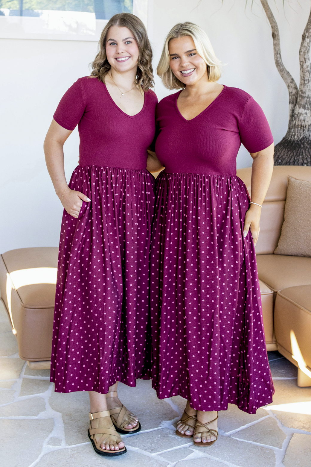 Alicia V Neck Tshirt Midi Dress Burgundy Mini Spot