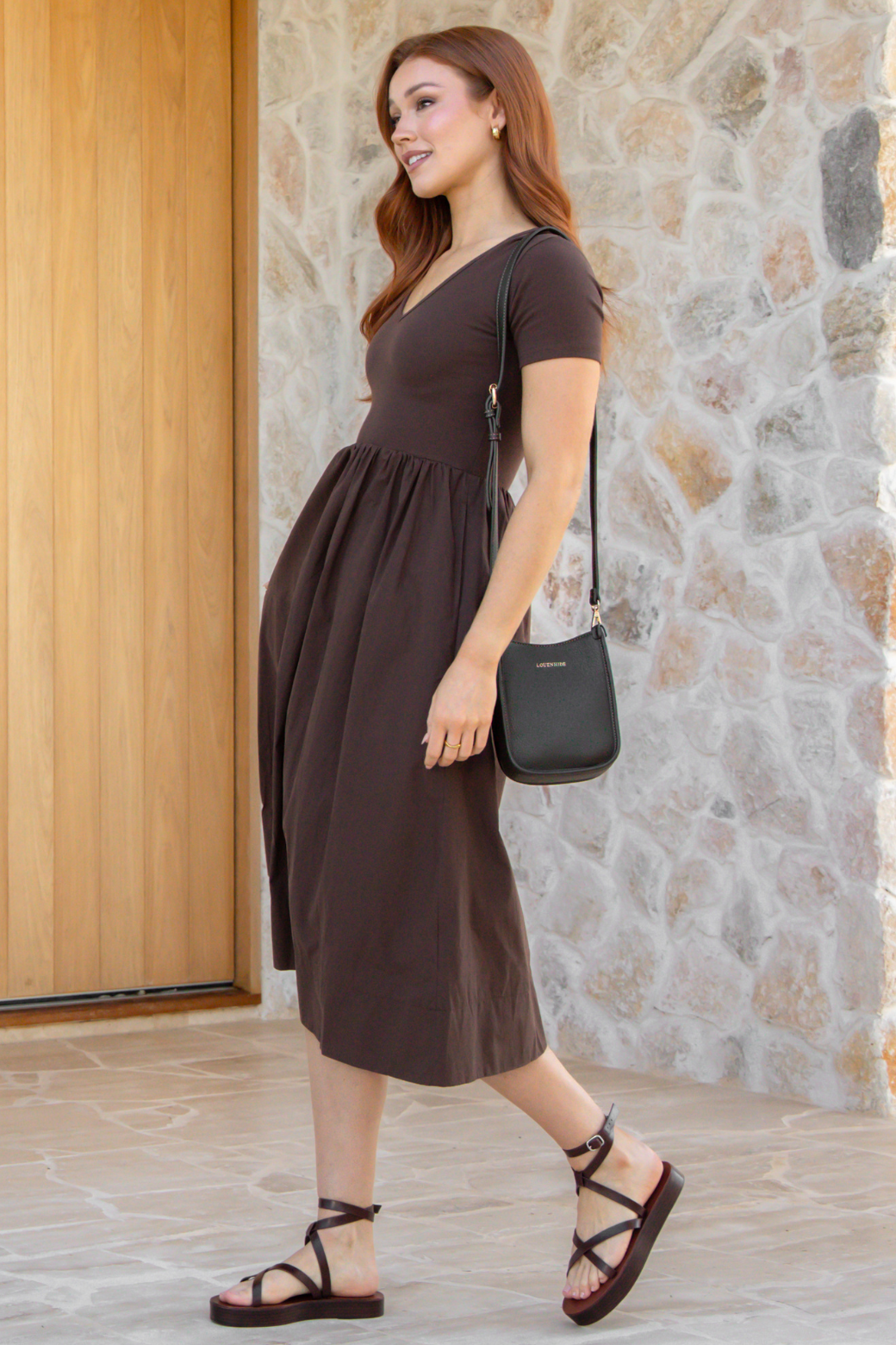 Alicia V Neck Tshirt Midi Dress Chocolate