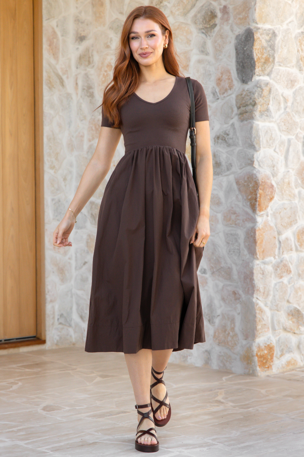 Alicia V Neck Tshirt Midi Dress Chocolate