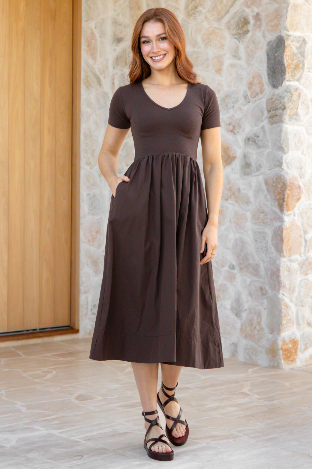 Alicia V Neck Tshirt Midi Dress Chocolate