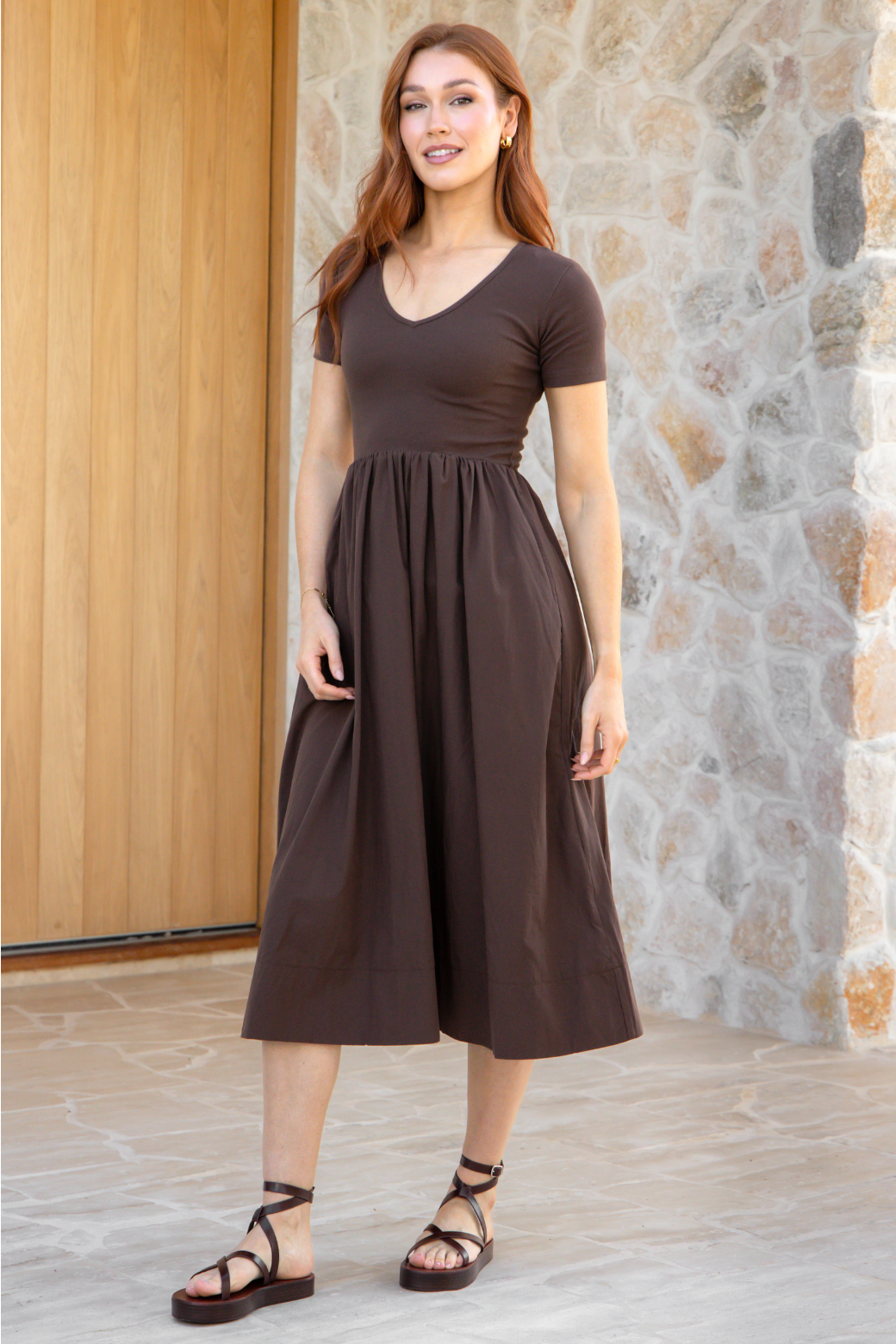 Alicia V Neck Tshirt Midi Dress Chocolate