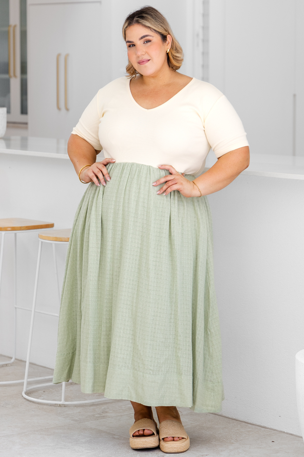 Alicia V Neck Tshirt Midi Dress Cream Light Sage