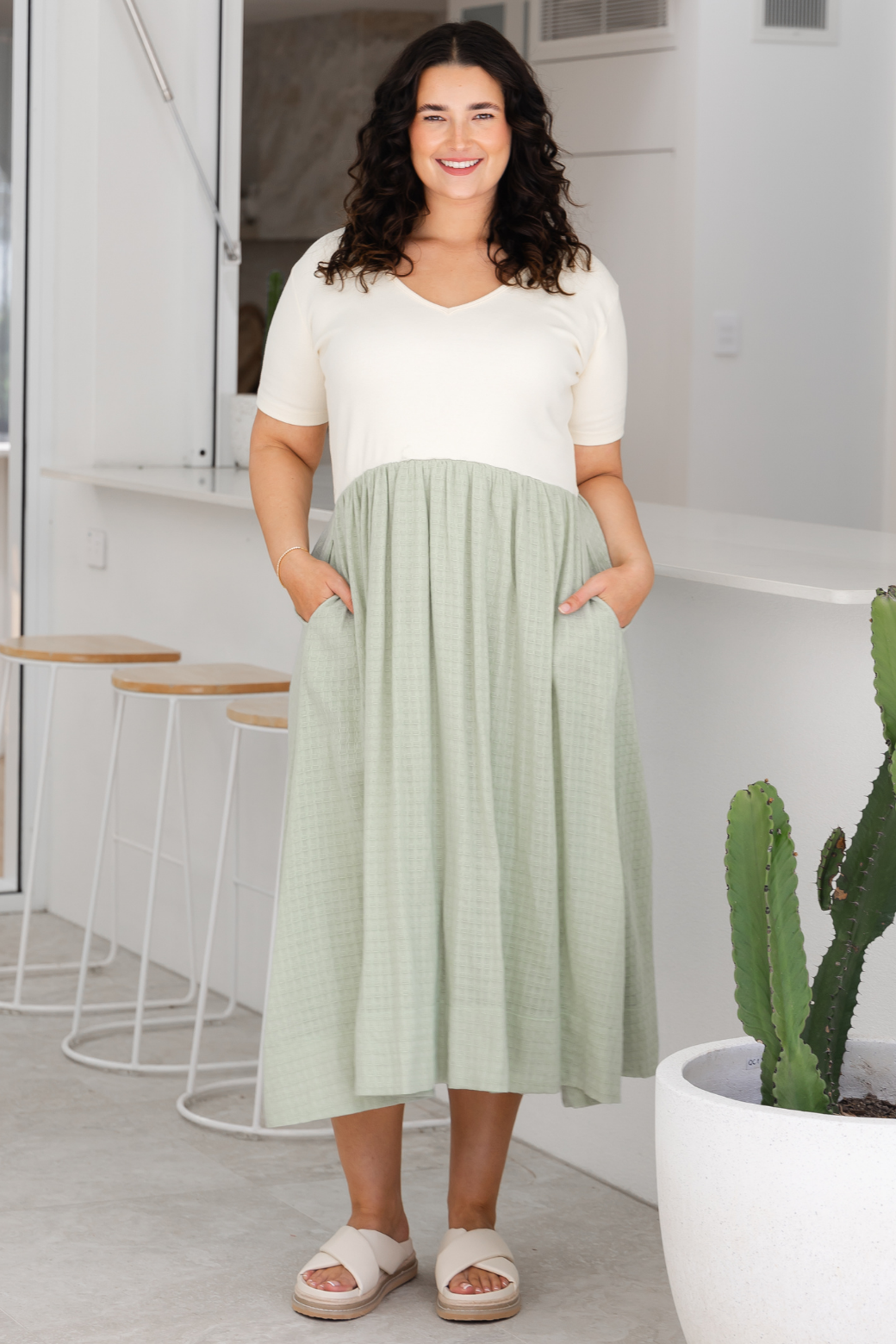 Alicia V Neck Tshirt Midi Dress Cream Light Sage