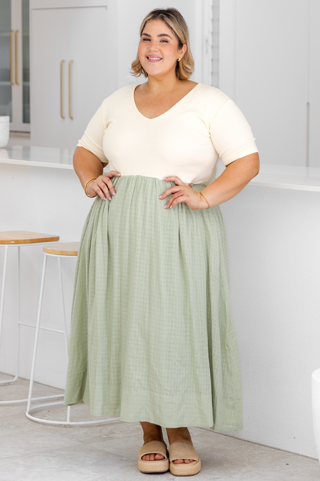 Alicia V Neck Tshirt Midi Dress Cream Light Sage