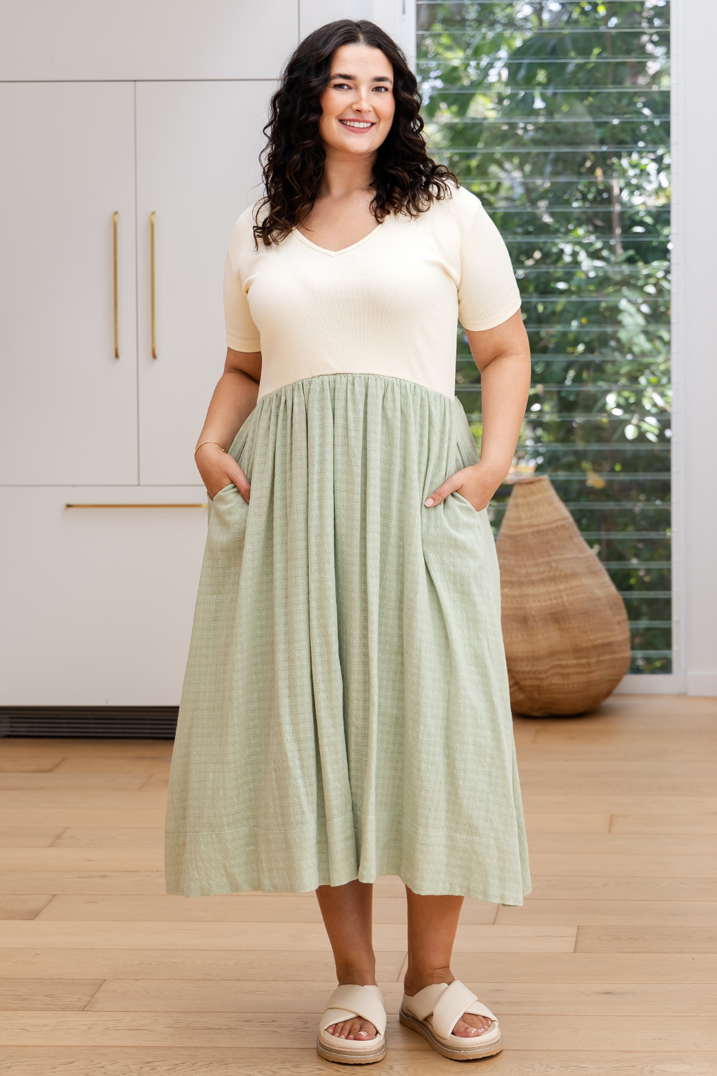 Alicia V Neck Tshirt Midi Dress Cream Light Sage