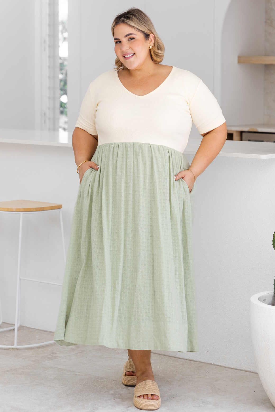 Alicia V Neck Tshirt Midi Dress Cream Light Sage