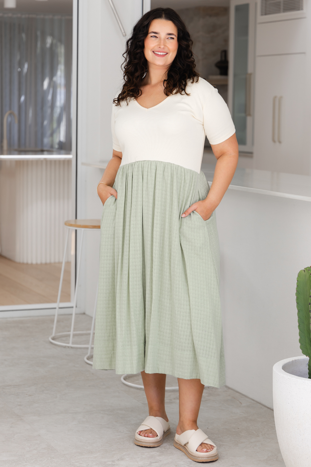 Alicia V Neck Tshirt Midi Dress Cream Light Sage
