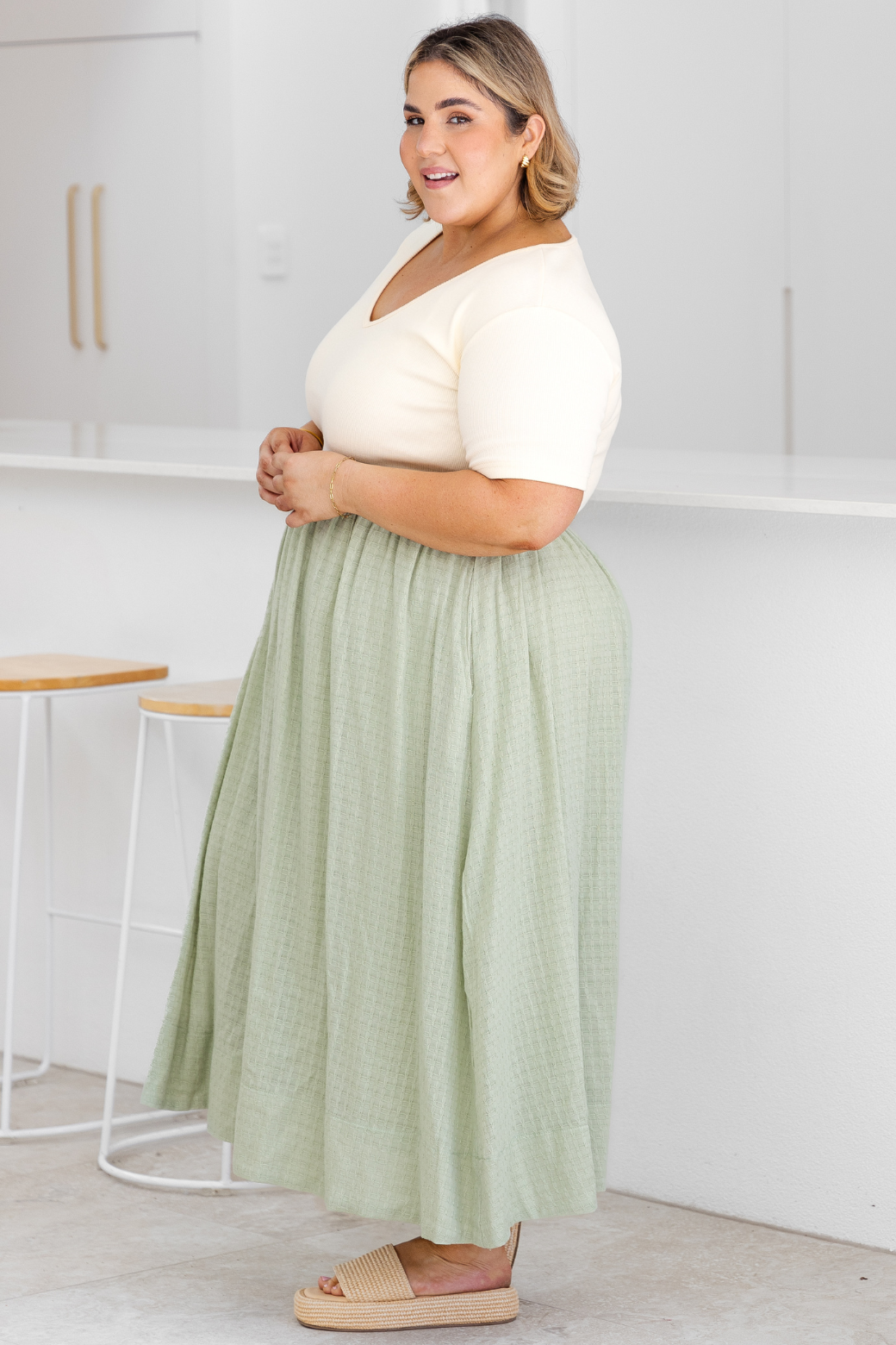 Alicia V Neck Tshirt Midi Dress Cream Light Sage