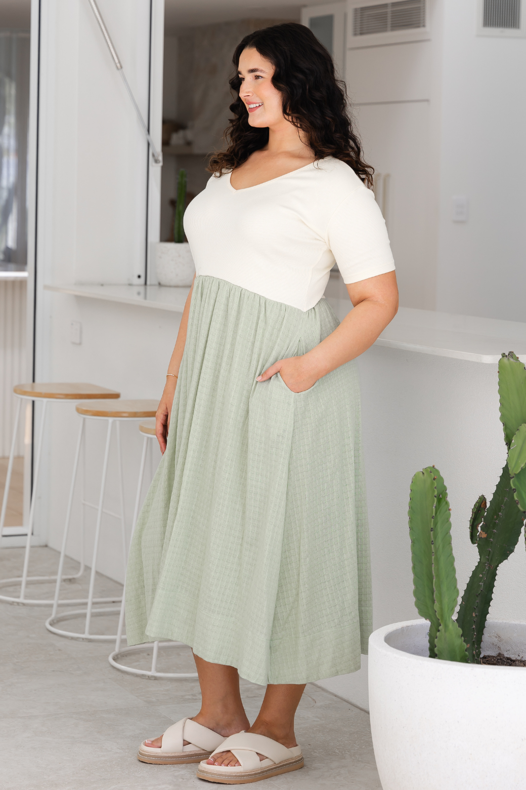 Alicia V Neck Tshirt Midi Dress Cream Light Sage