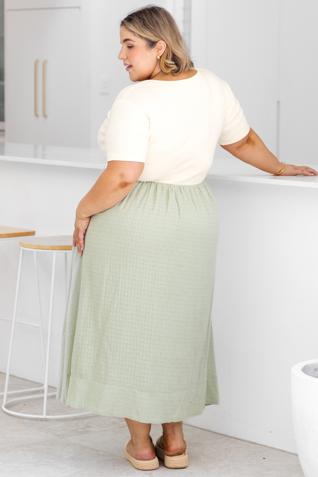 Alicia V Neck Tshirt Midi Dress Cream Light Sage