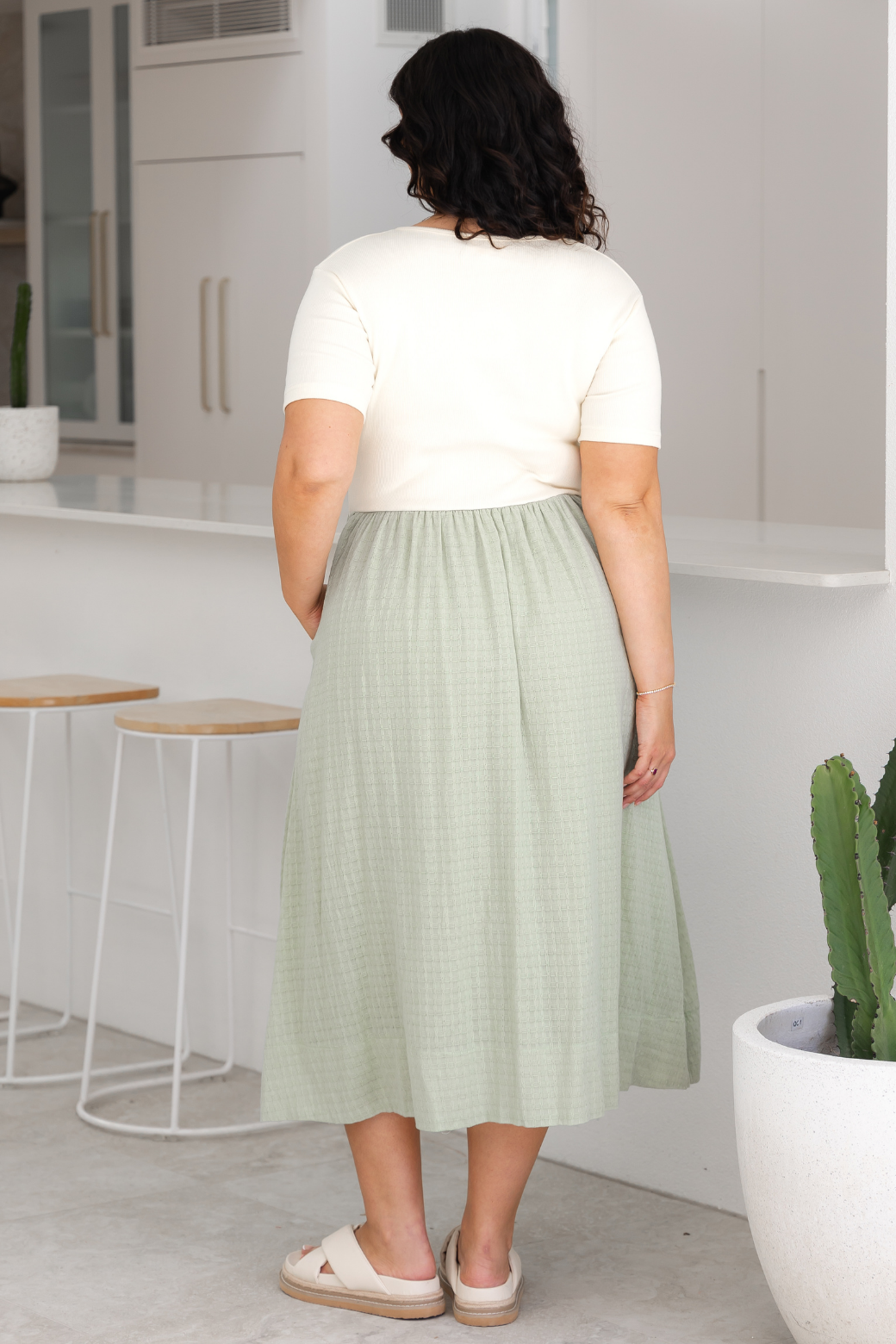 Alicia V Neck Tshirt Midi Dress Cream Light Sage