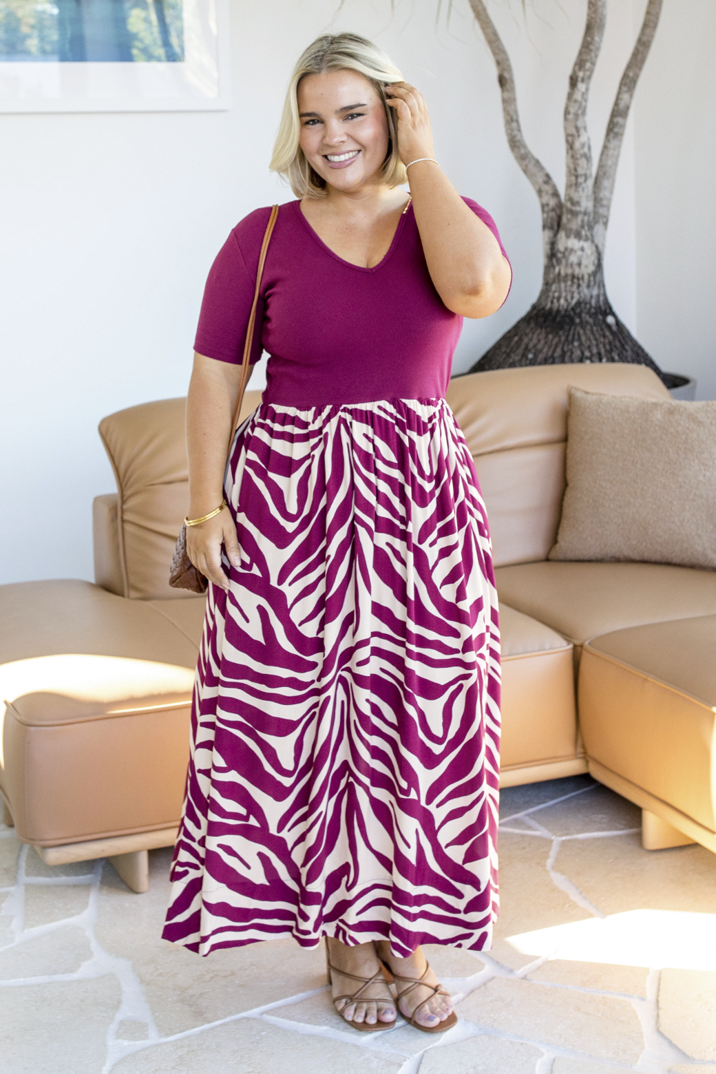 Alicia V Neck Tshirt Midi Dress Namibia Print Burgundy