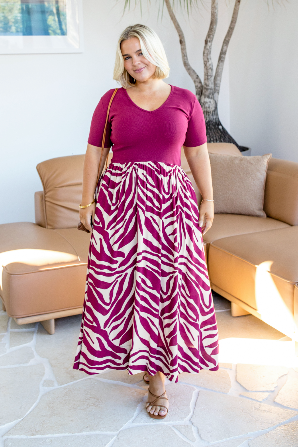 Alicia V Neck Tshirt Midi Dress Namibia Print Burgundy