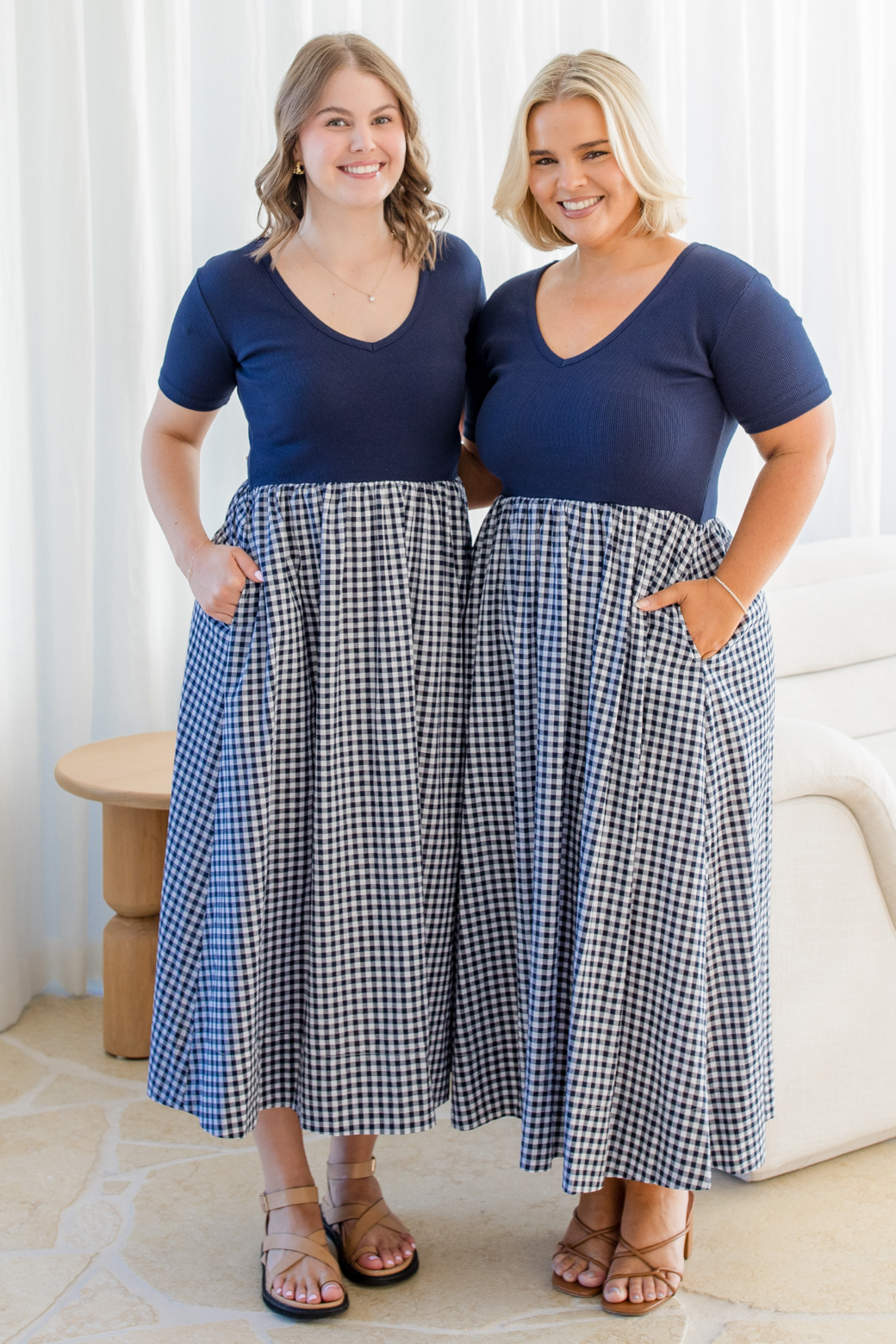 Alicia V Neck Tshirt Midi Dress Navy Gingham