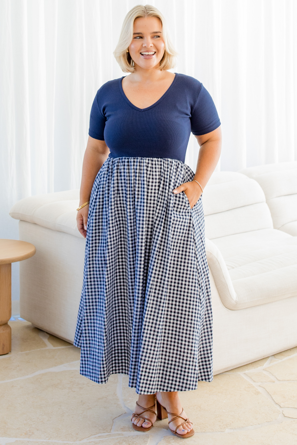 Alicia V Neck Tshirt Midi Dress Navy Gingham