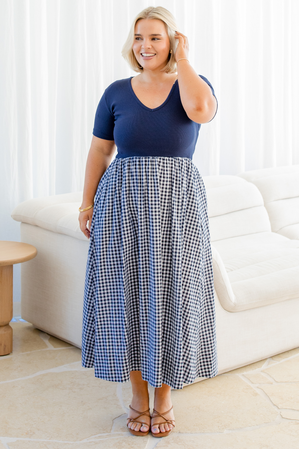 Alicia V Neck Tshirt Midi Dress Navy Gingham