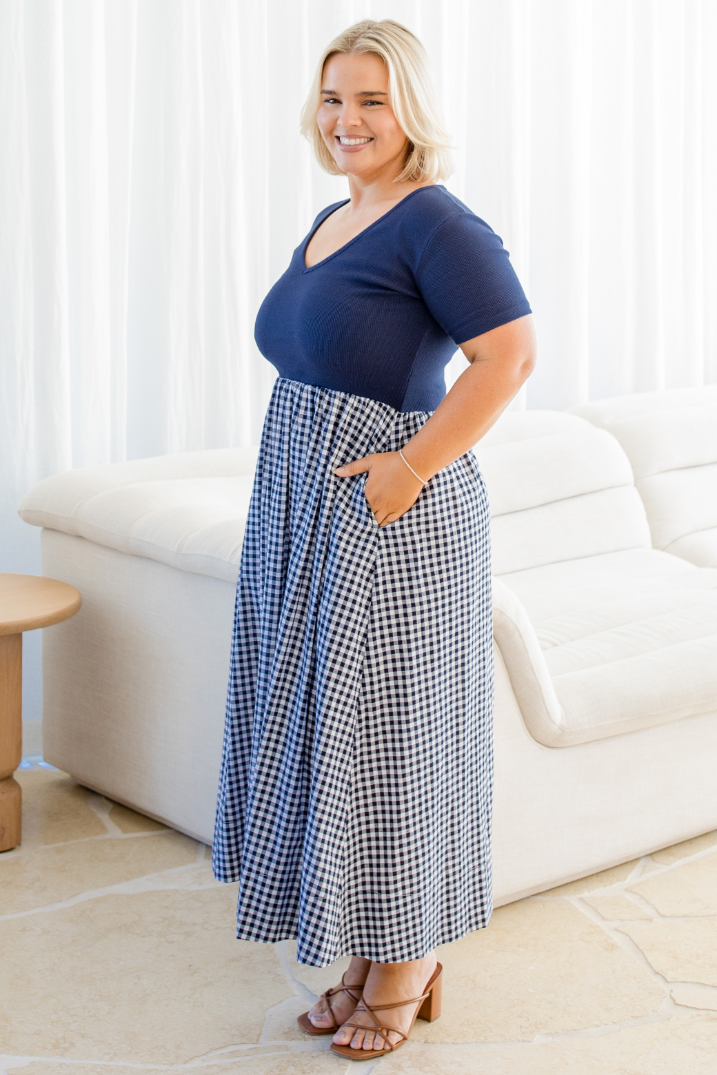 Alicia V Neck Tshirt Midi Dress Navy Gingham