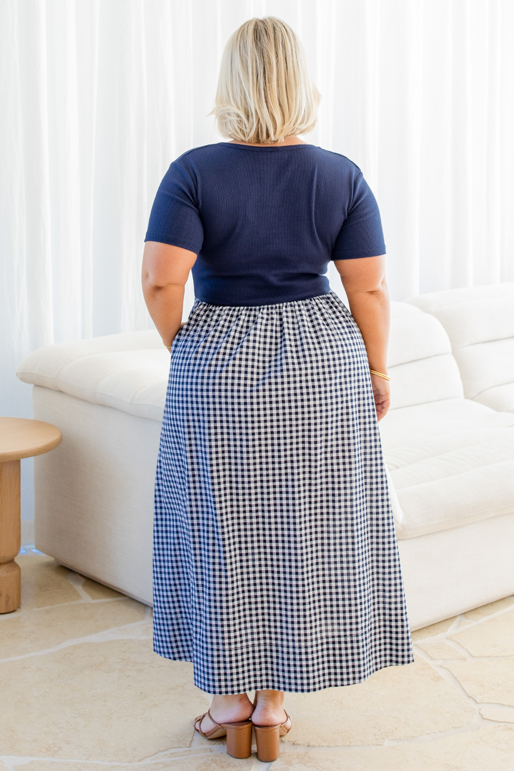 Alicia V Neck Tshirt Midi Dress Navy Gingham